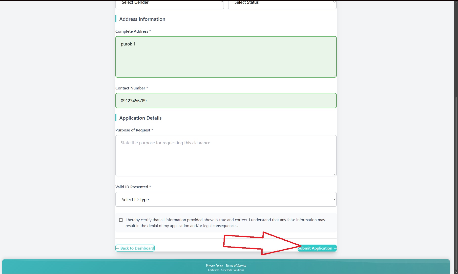 Fill up certificate form