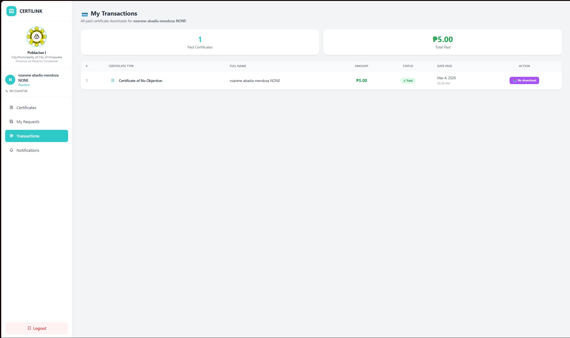 My Transactions history